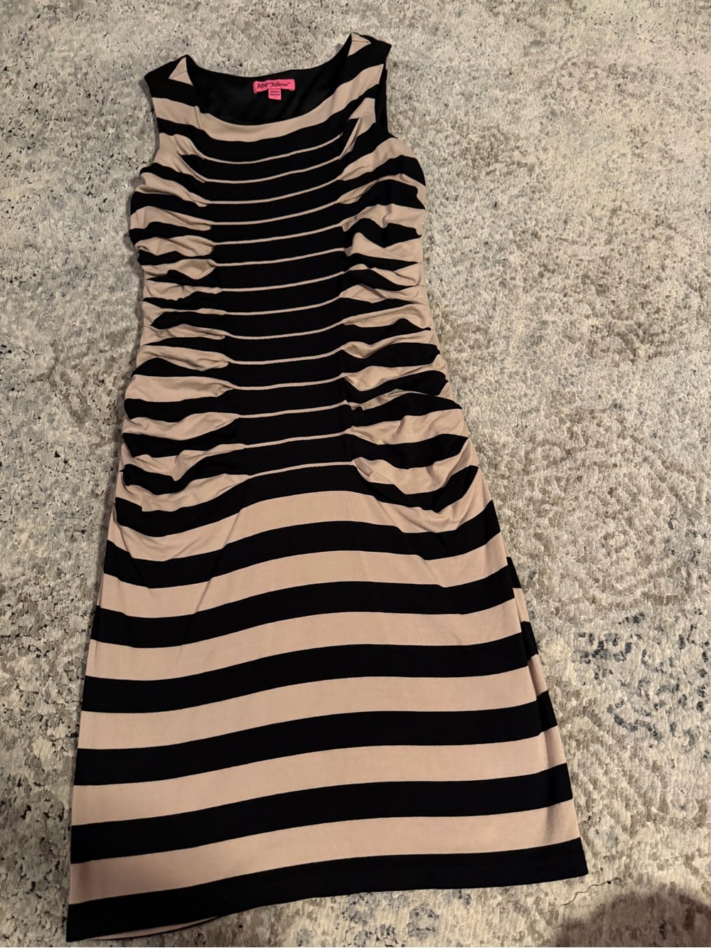 Betsey Johnson Black and Beige Striped Sleeveless Ruched Bodycon Dress